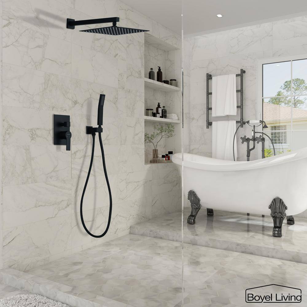 Boyel Living 1-Spray Patterns with 2.5 GPM 10 in. Wall Mount Dual Shower Heads with Pressure Balance Valve in Matte Black SMD-88004B