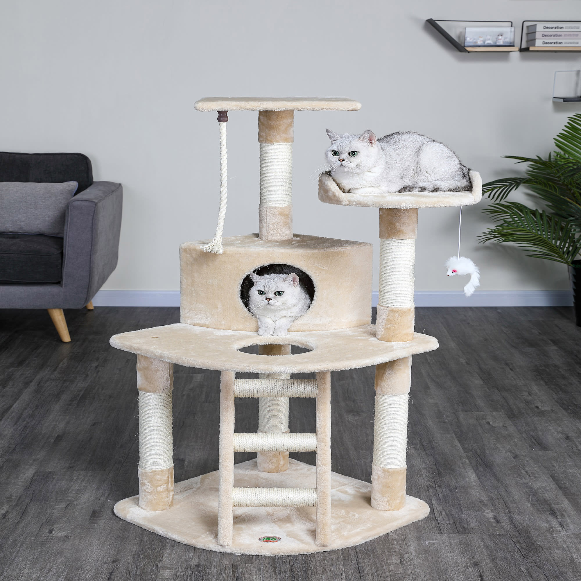 Go Pet Club Beige 48 Cat Tree Condo with Hanging Toys and Ladder