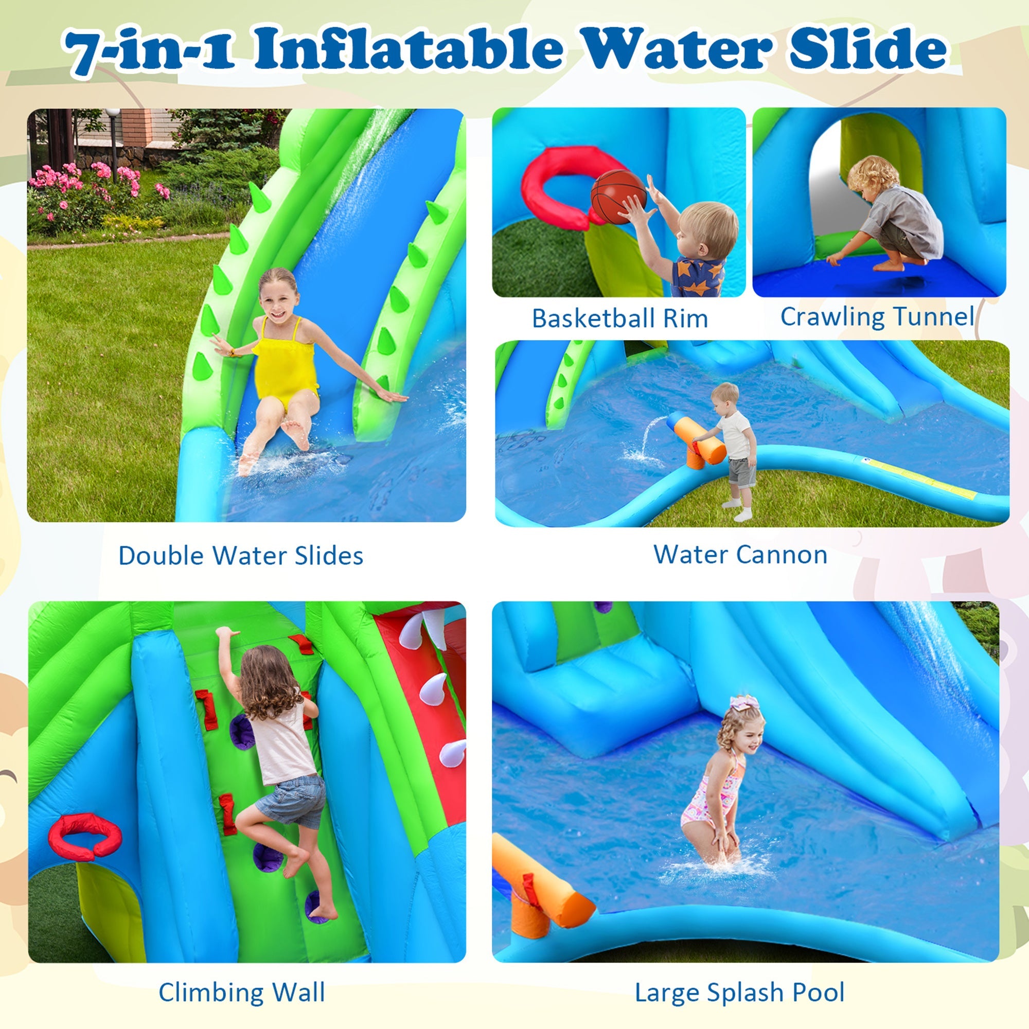 Gymax Crocodile Inflatable Water Slide Park Kids Bounce House w/ Dual Slides With 780W Blower