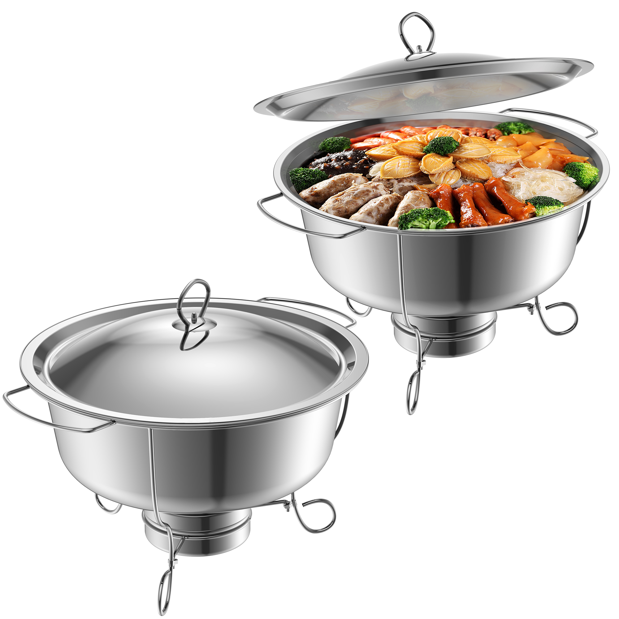 Famistar 6 Pack Chafing Dish Buffet Set With Cover - Stainless Steel 4 Round Chafing Dish + 2 Rectangular Chafers(8QT) With Water Pan | Food Pan | Fuel Holder- Catering Food Warmers for Parties Buffet