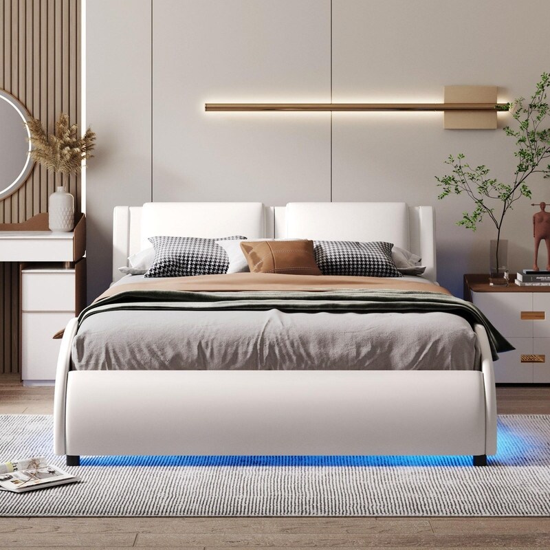 Full/Queen Size Upholstered Faux Leather Platform Bed with LED Light