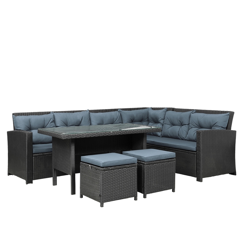 Patio 6 piece Outdoor Sectional Sofa with Glass Table Set