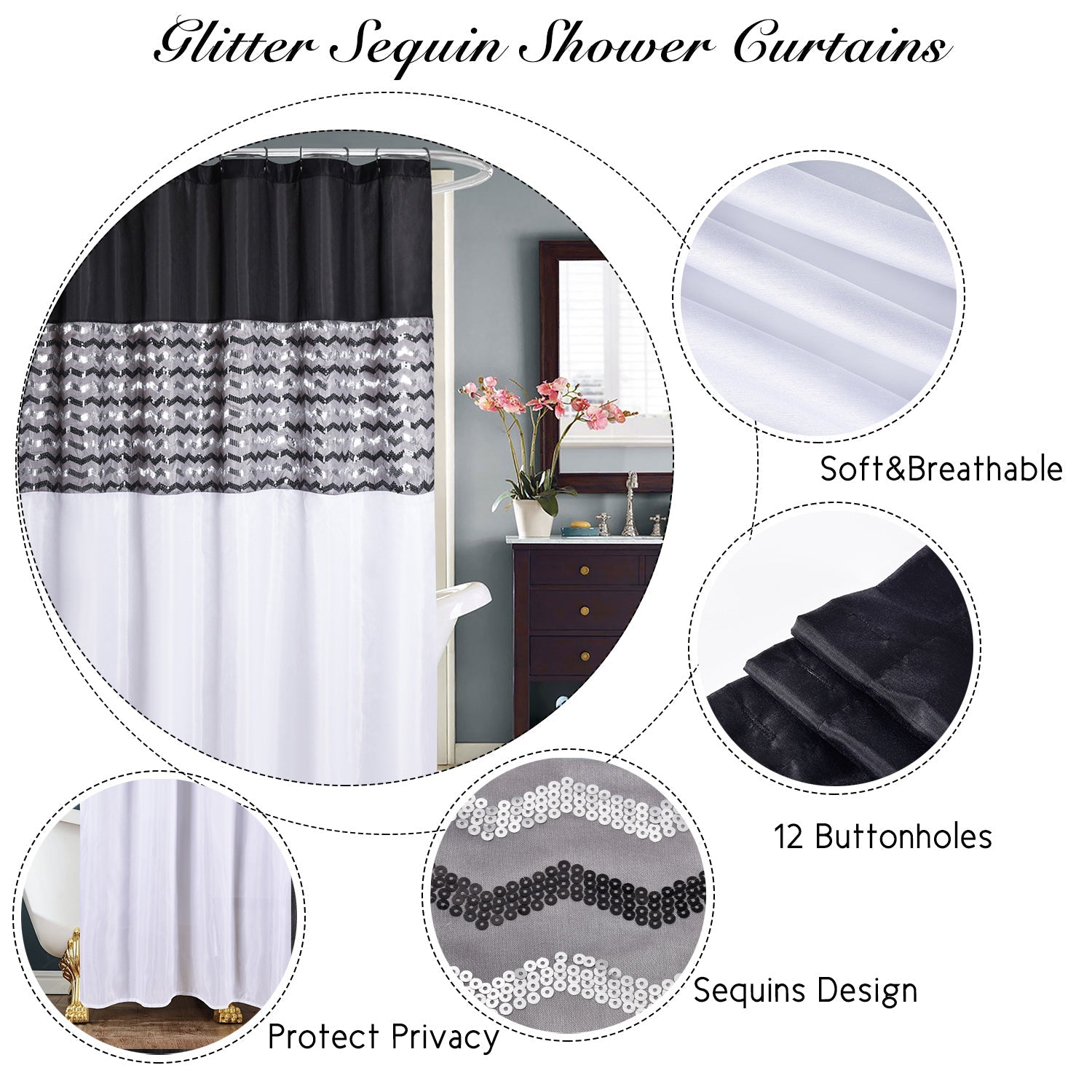 Modern Glitter Shower Curtain - Shimmer Sequin Design for Bathroom, Chic Stunning Bath Curtain with Color Block Design, 72