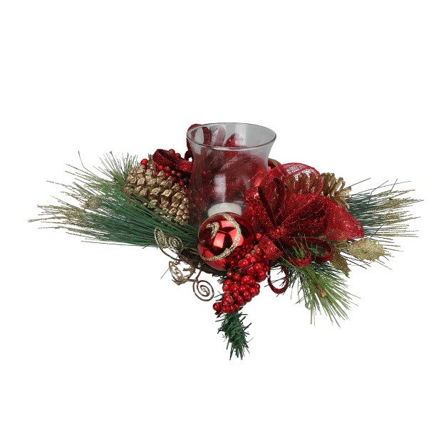 Pine And Berry Christmas Hurricane Pillar Candle Holder Green red