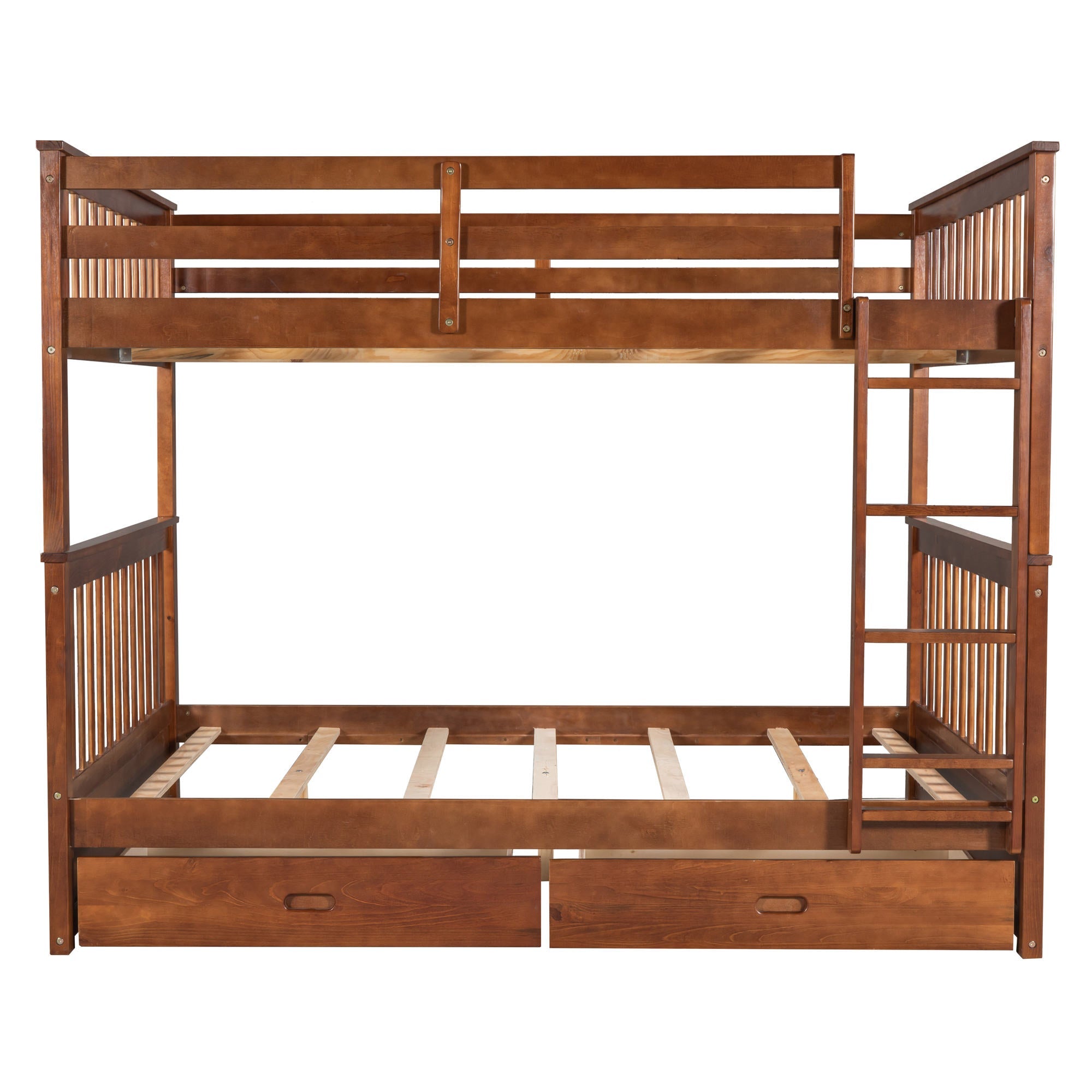 Wood Full Over Full Bunk Bed with Two Storage Drawers and Ladders for Kids Adults,Walnut