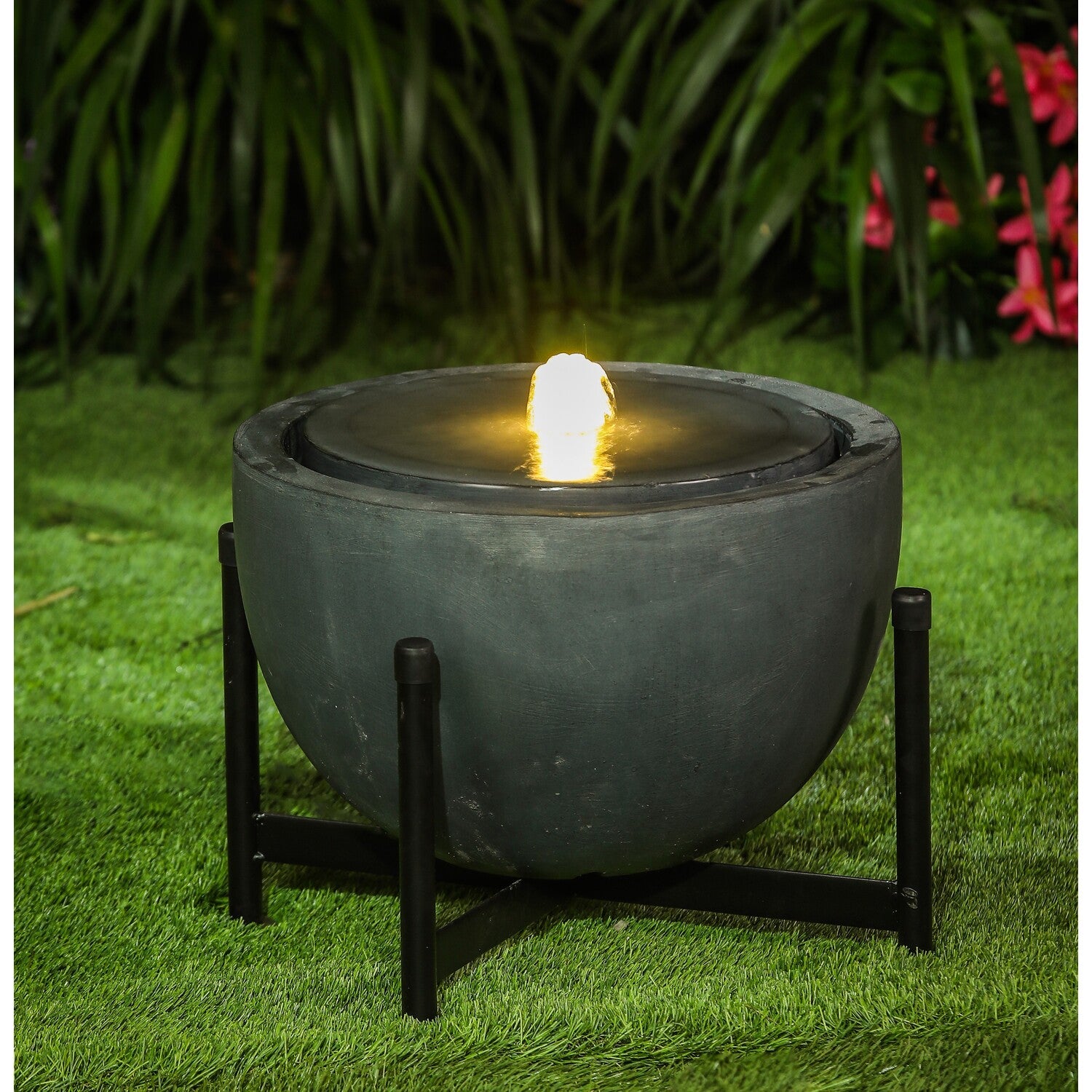 LuxenHome Gray Resin Bowl Outdoor Bubbler Fountain with Black Stand and LED Light