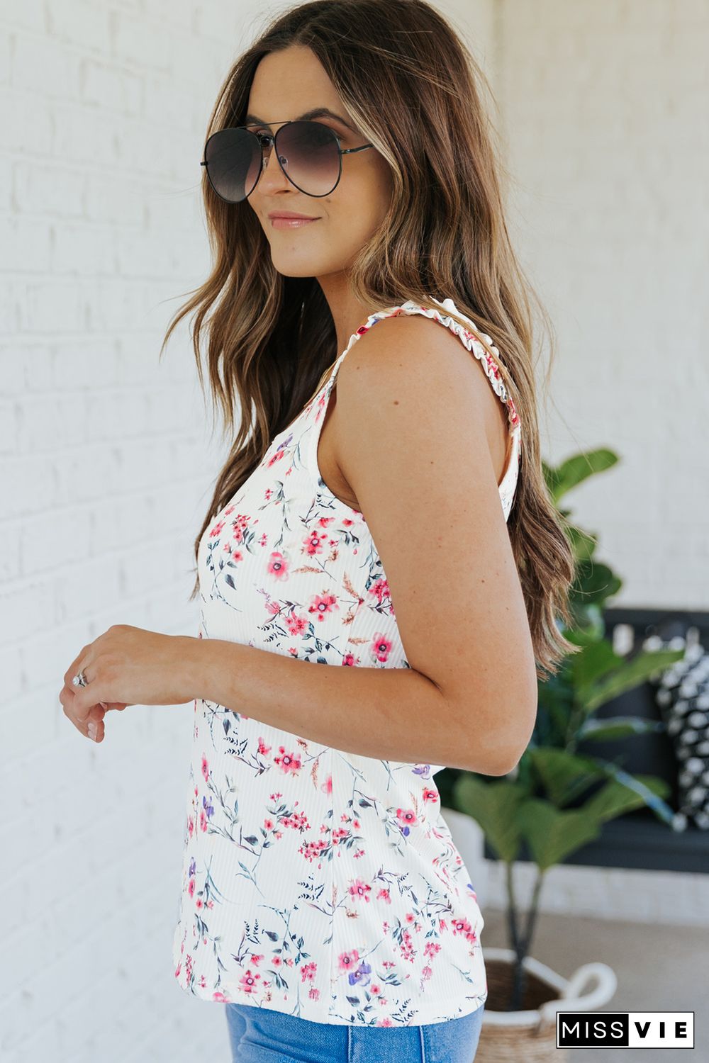 White Ruffle Straps Floral Rib Knit Tank Top