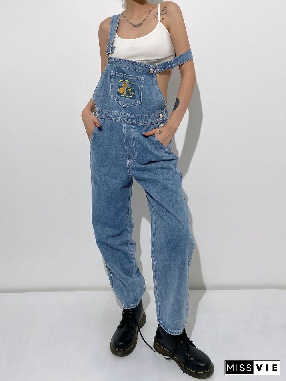 Embroidered Pocket Denim Overalls Jeans