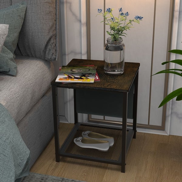 Rustic Small Side Table with Storage Bag and Rack