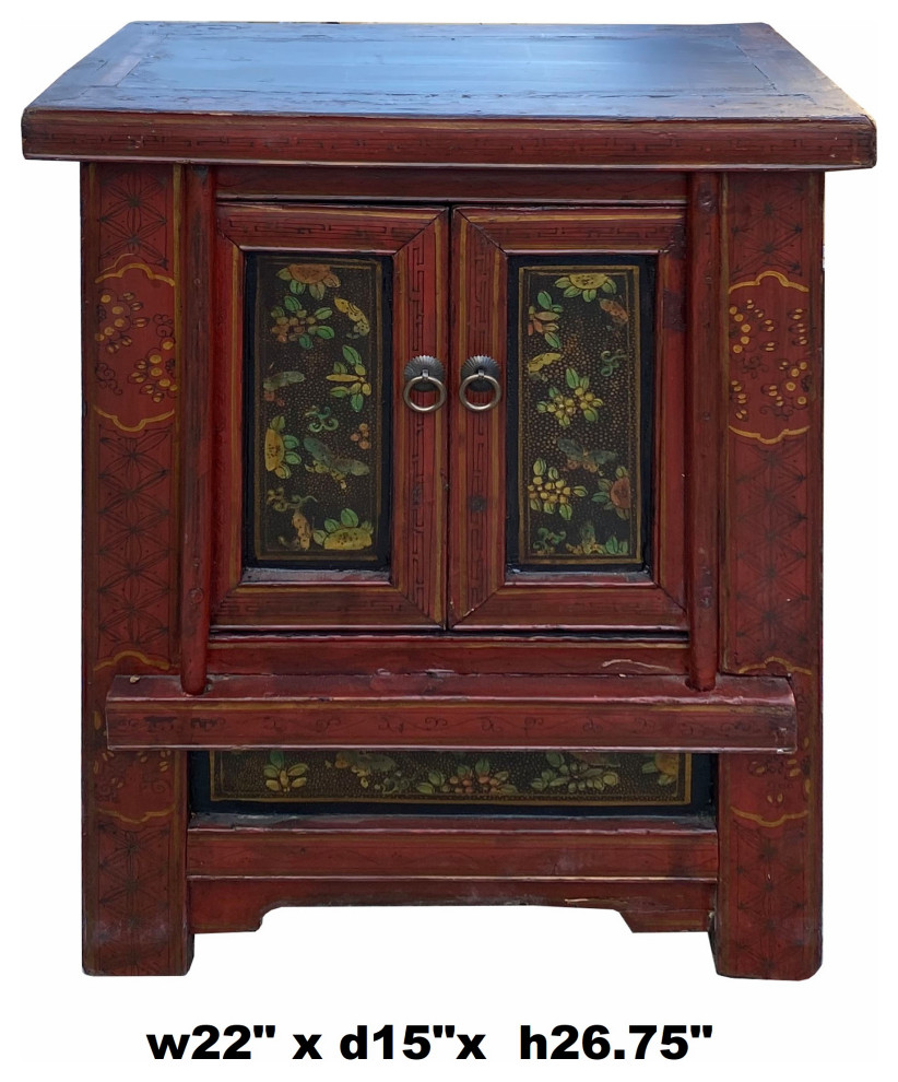 Chinese Vintage Brick Red Flower Graphic End Table Nightstand Hcs7070   Asian   Side Tables And End Tables   by Golden Lotus Antiques  Houzz