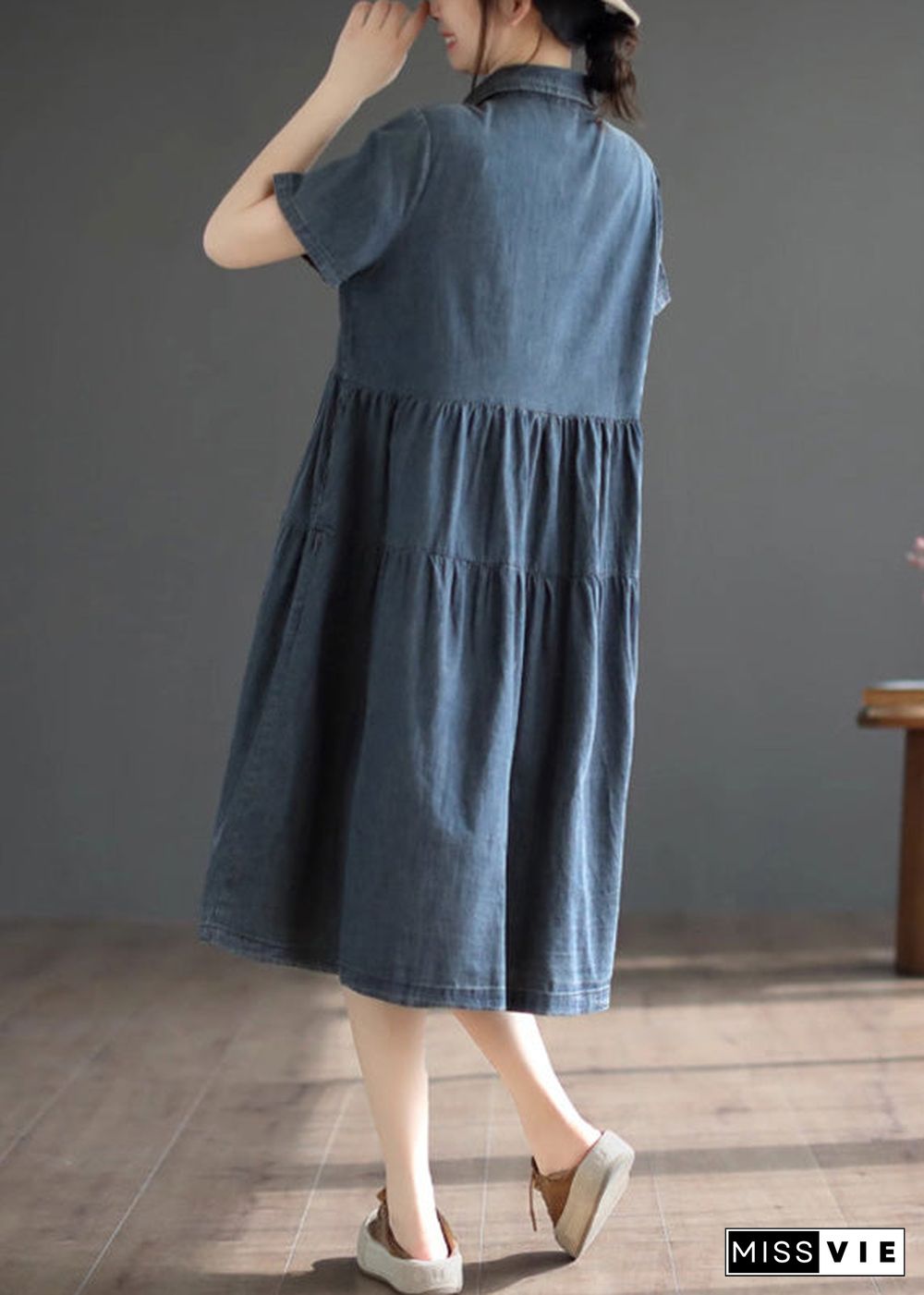 Retro Blue Patchwork Solid Silk Vacation Denim Long Shirt Dresses Summer