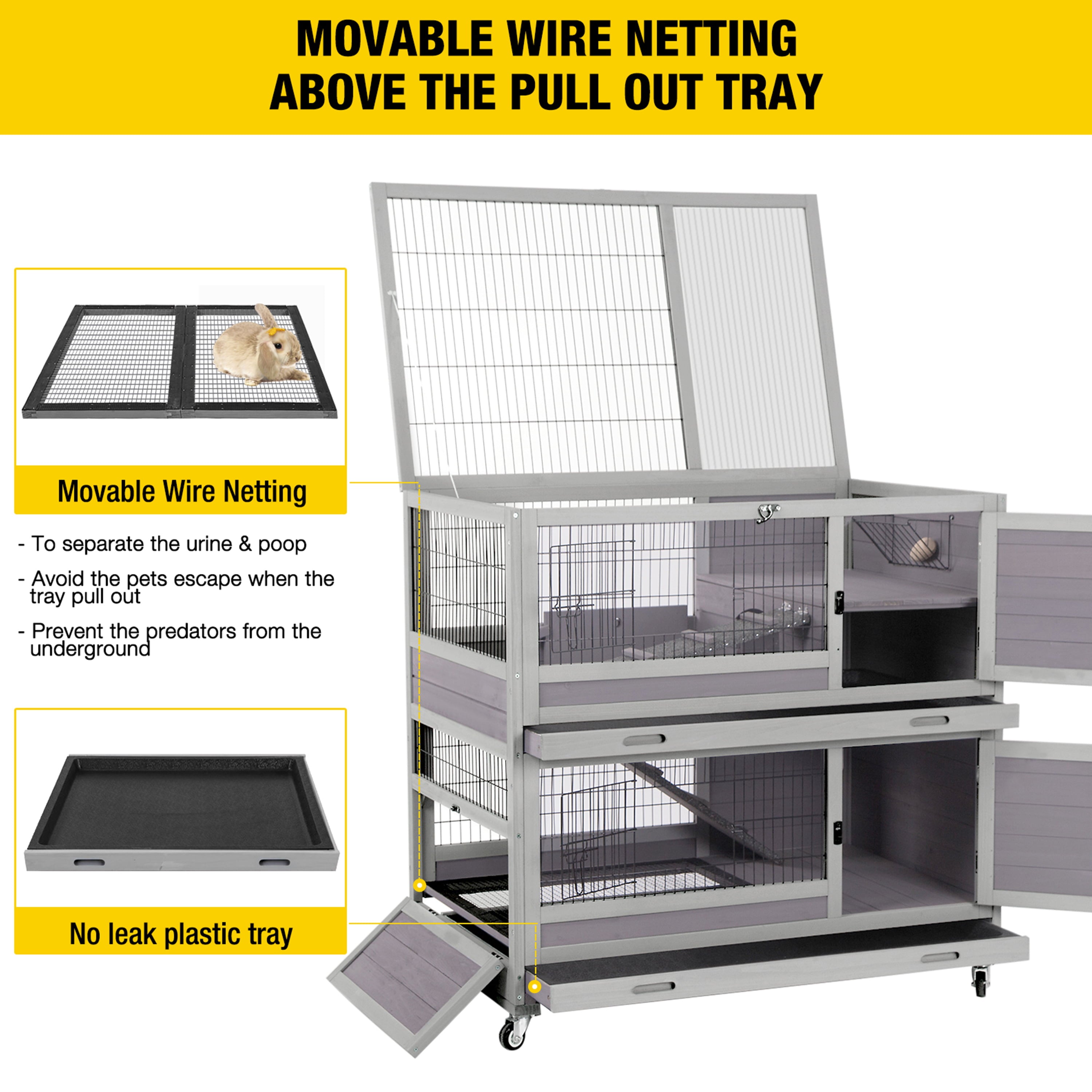 Morgete Outdoor Rabbit Hutch 2 Layer Bunny Cage Indoor-Gray