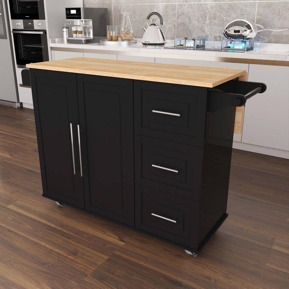 BlackWooden Kitchen Island with Spice Rack Towel Rack and Extensible Solid Wood Table ZT-110505113