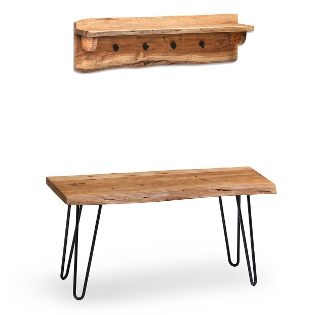 Hairpin Live Edge Wood Storage Bench With Coat Hook Shelf Set Natural Alaterre Furniture