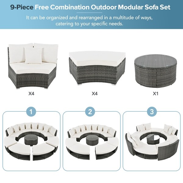 9Piece Outdoor Patio Furniture，Circular Outdoor Sofa Set with Tempered Glass Coffee Table