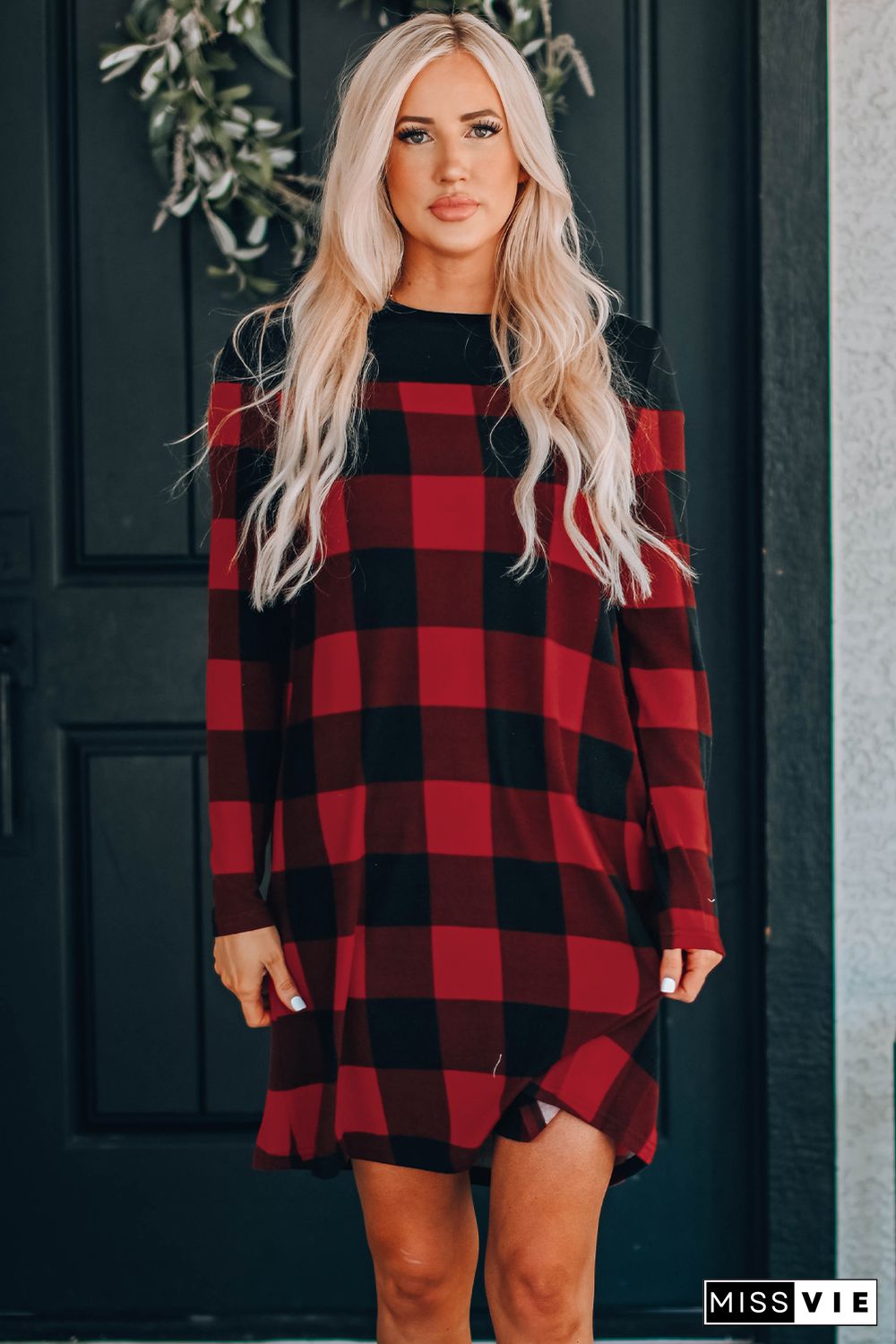 Buffalo Plaid Splicing Long Sleeve Mini Dress