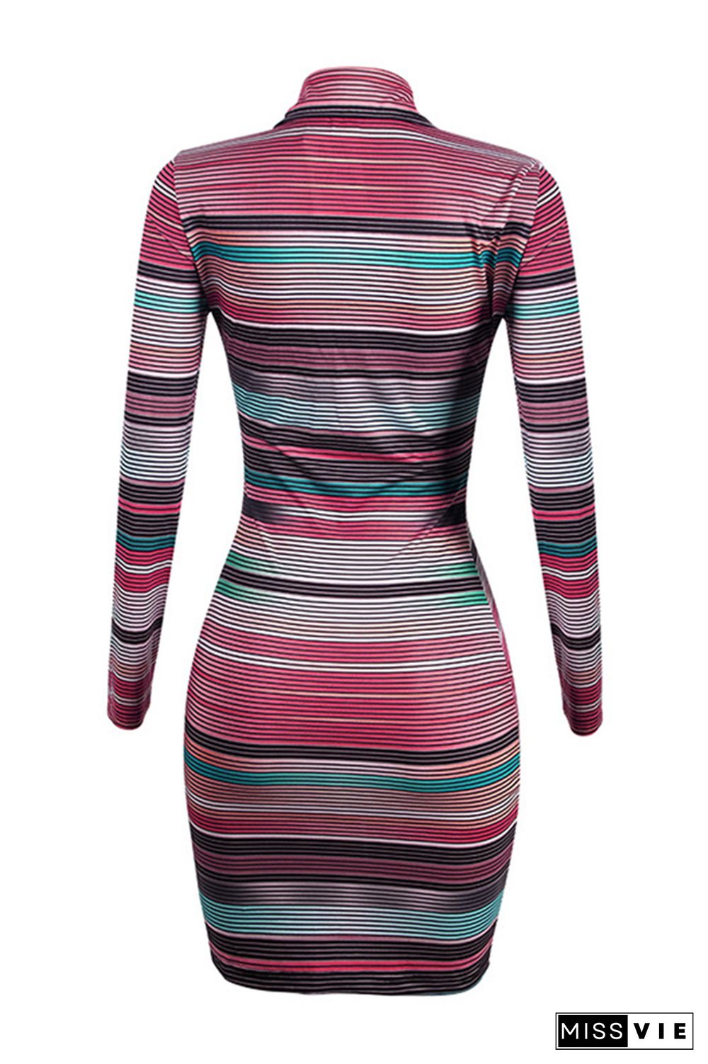 Multicolor Turn Down Neck Buttons Up Bodycon Long Sleeve Dress