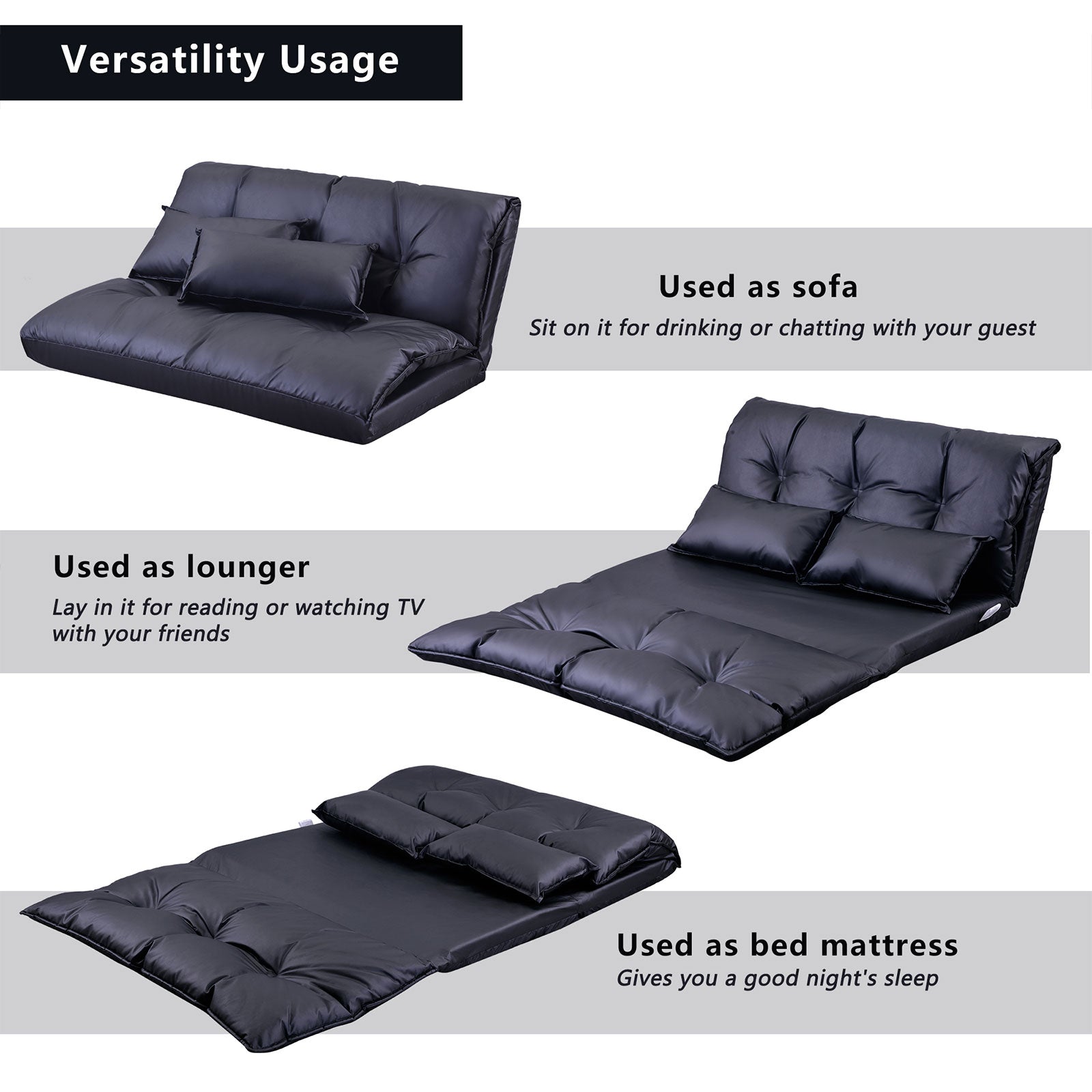 Adjustable Folding Leisure Sofa Bed, Reclining Sofa Couch for Bedroom Living Room with 2 Pillows