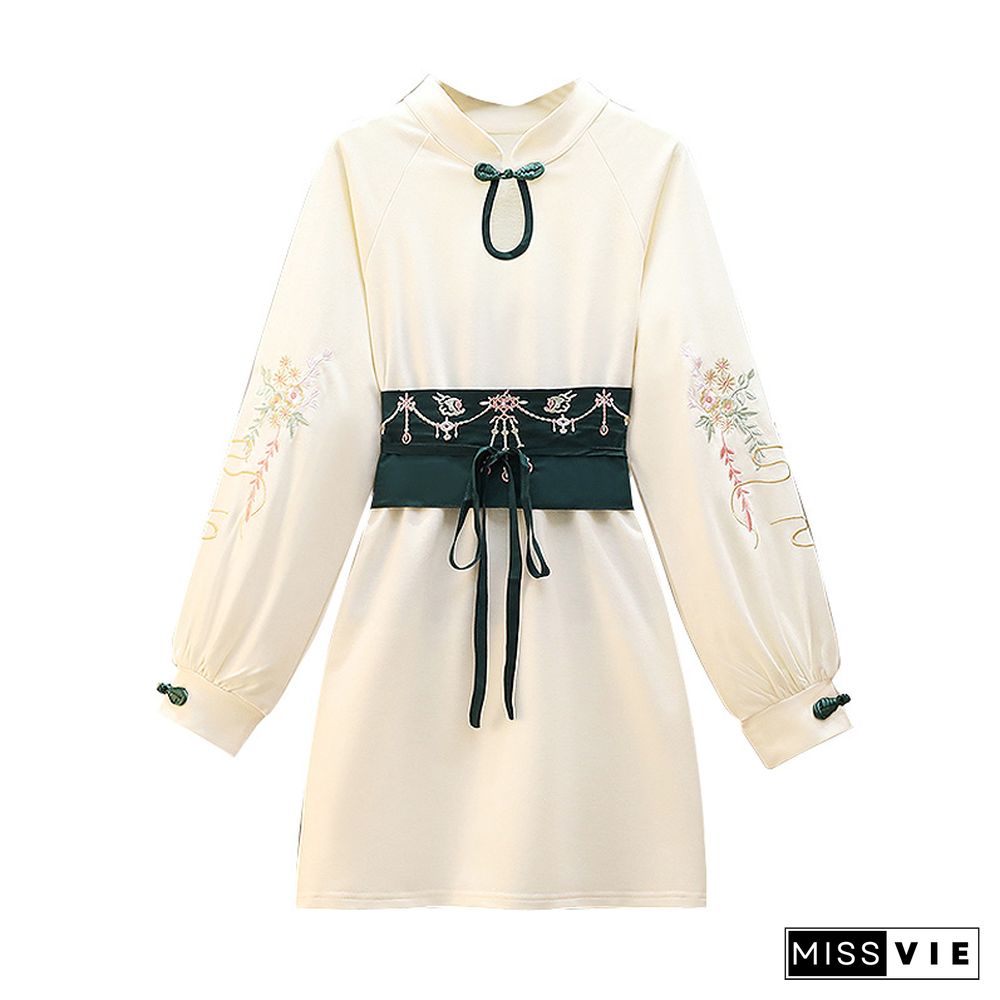 Vintage Crane Embroidery Plush Hooded Sweatshirt Dress