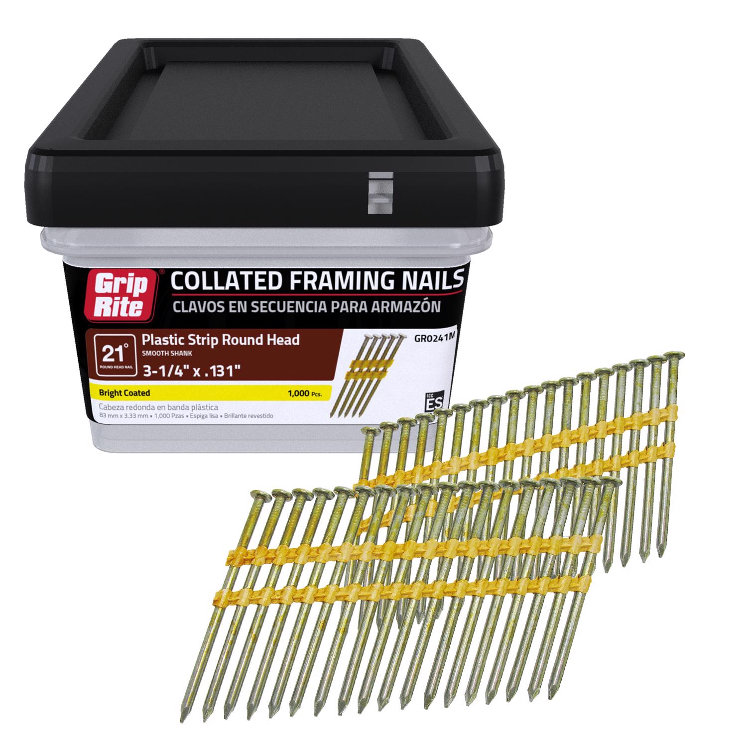 Grip-Rite 3-1/4 in. 10-1/4 Ga. Angled Strip Brite Framing Nails 21 deg 1000 pk