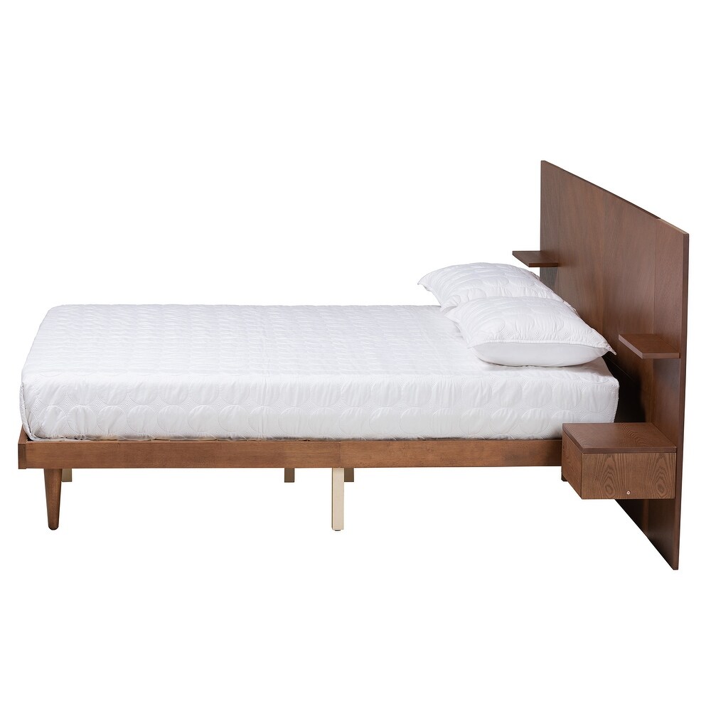 Graham Mid Century Modern Transitional Ash Walnut Finished Wood Queen Size Platform Storage Bed with Built In Nightstands