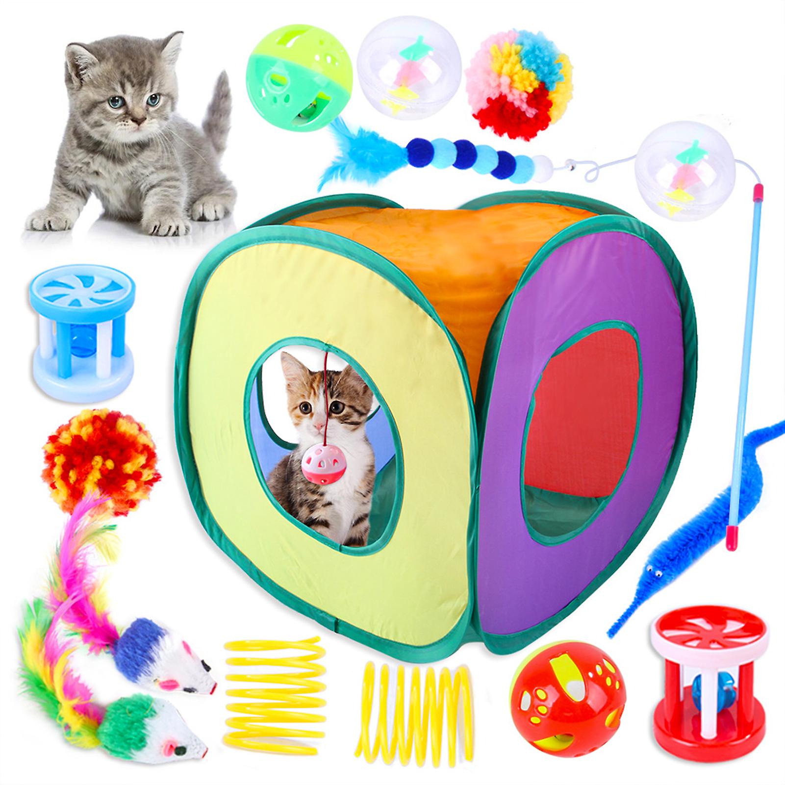 Cat Toys 15pcs Kitten Toys Set Interactive Cat Toys For Indoor Cats With Collapsible Cat Tent Tunnel Interactive Cat Feather Toy Feather Teaser Wand