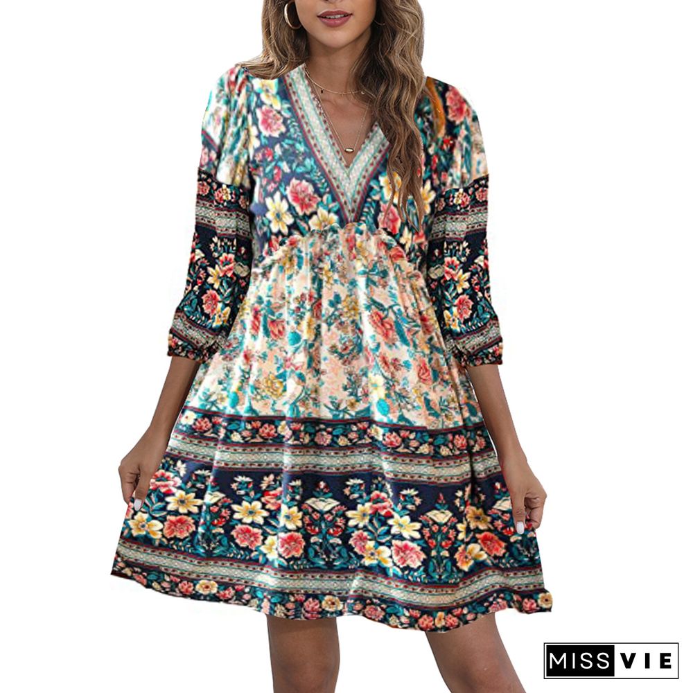 Bohemian Print V-neck Bubble Sleeve Big Swing National Style Dress Women's Wear