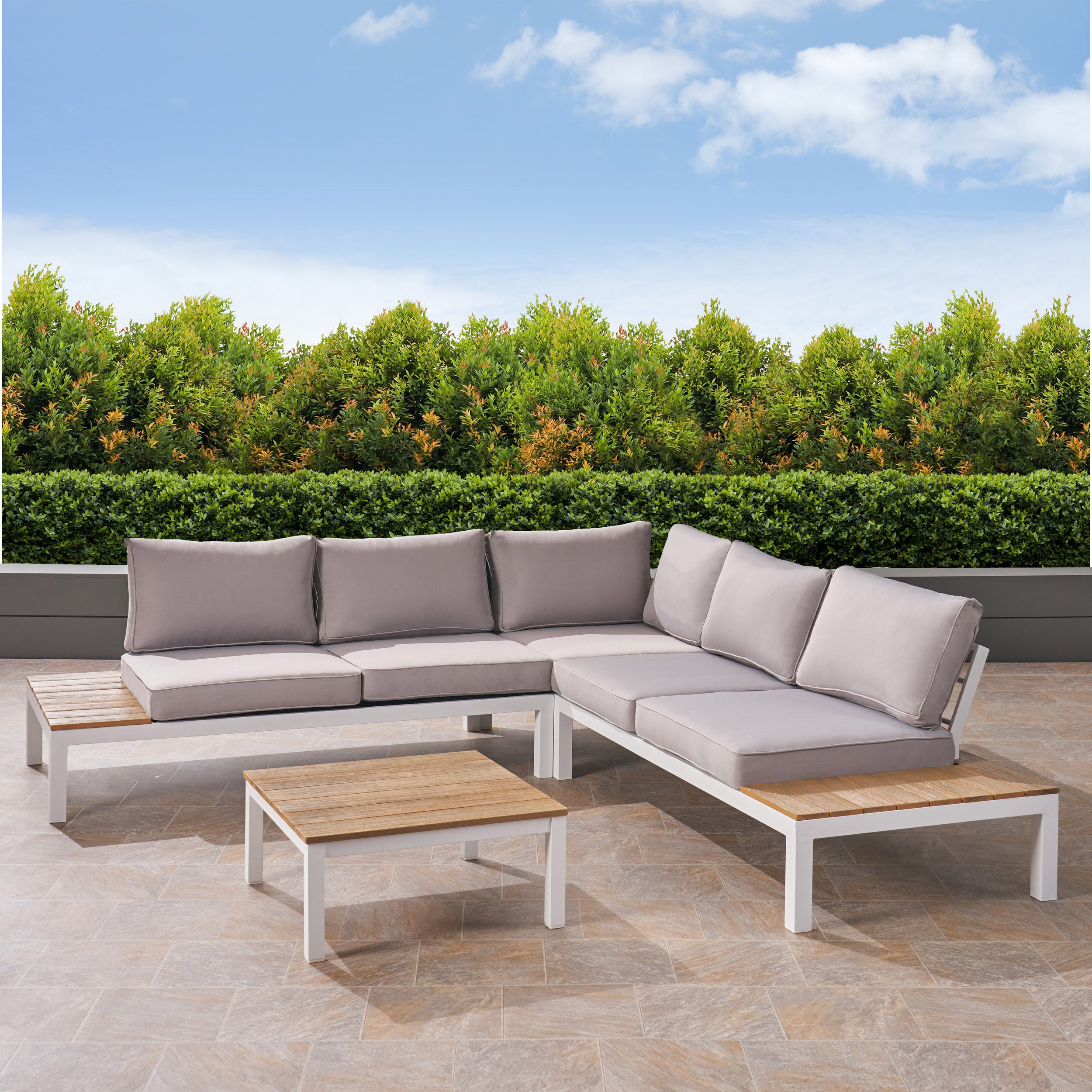 Blessen Outdoor Aluminum and Wood V-Shaped Sofa Set with Cushions