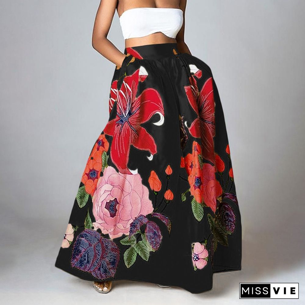 Fashion Women Floral Printed Maxi Skirt High Waist Party Casual Umbrella Long Skirt Dress Plus Size