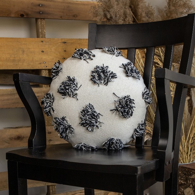 16x16 Inch Hand Woven Round Pillow Black Cotton With Polyester Fill Foreside Home amp Garden