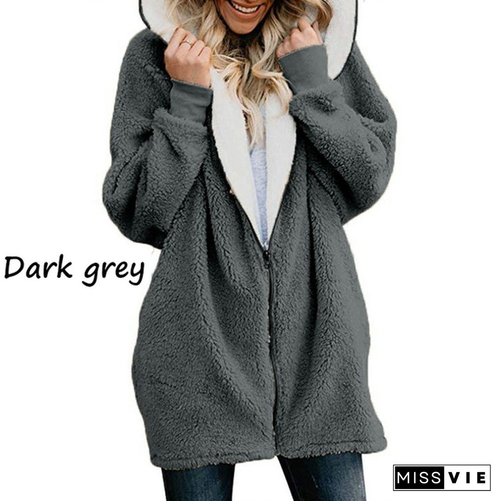 Women Coat Winter Warm Coat Women Casual Zipper Hoodie Fluffy Hooded Cotton-padded Jacket Wool Sweatshirts Outwear 9 Colors Size:S-5XL