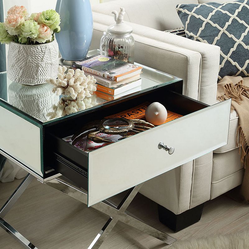 HomeVance Eleos Mirrored Silver Tone Campaign Accent Table