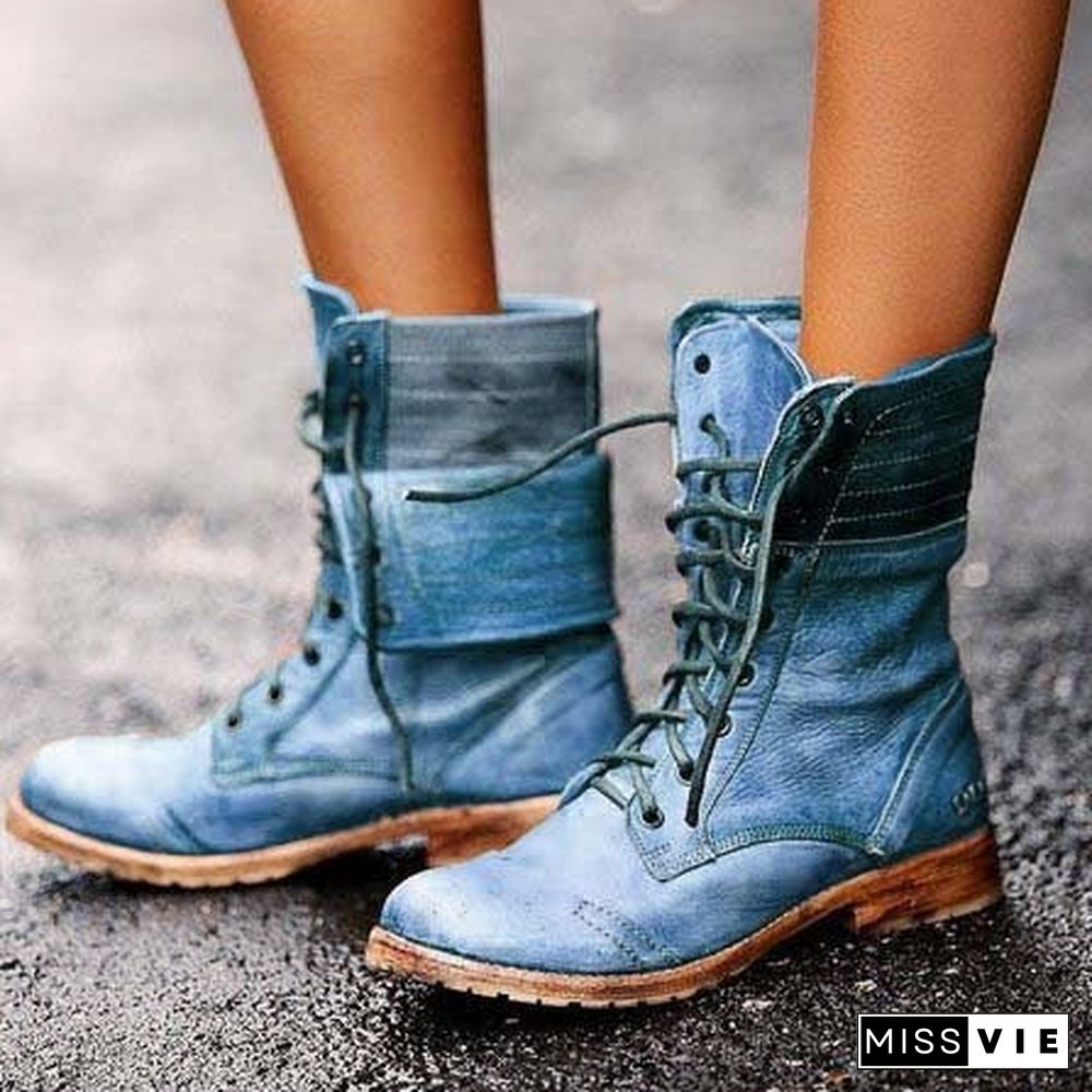 Winter New European and American Fashion Round Head Low Heel Cross Strap Women's Martin Boots