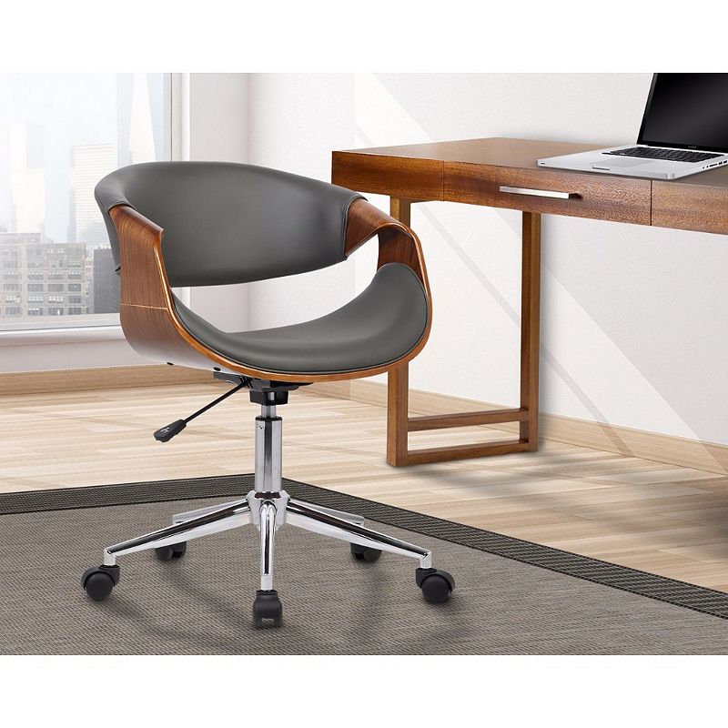 Curved Leatherette Wooden Frame Adjustable Office Chair， Brown and Gray