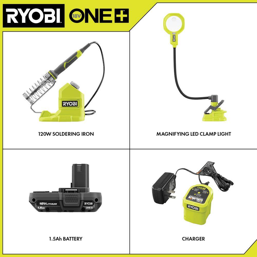 RYOBI ONE+ 18V Cordless 2-Tool Combo Kit with 120W Soldering Iron Magnifying LED Clamp Light 1.5 Ah Battery and Charger PCL946B-PCL664K1N