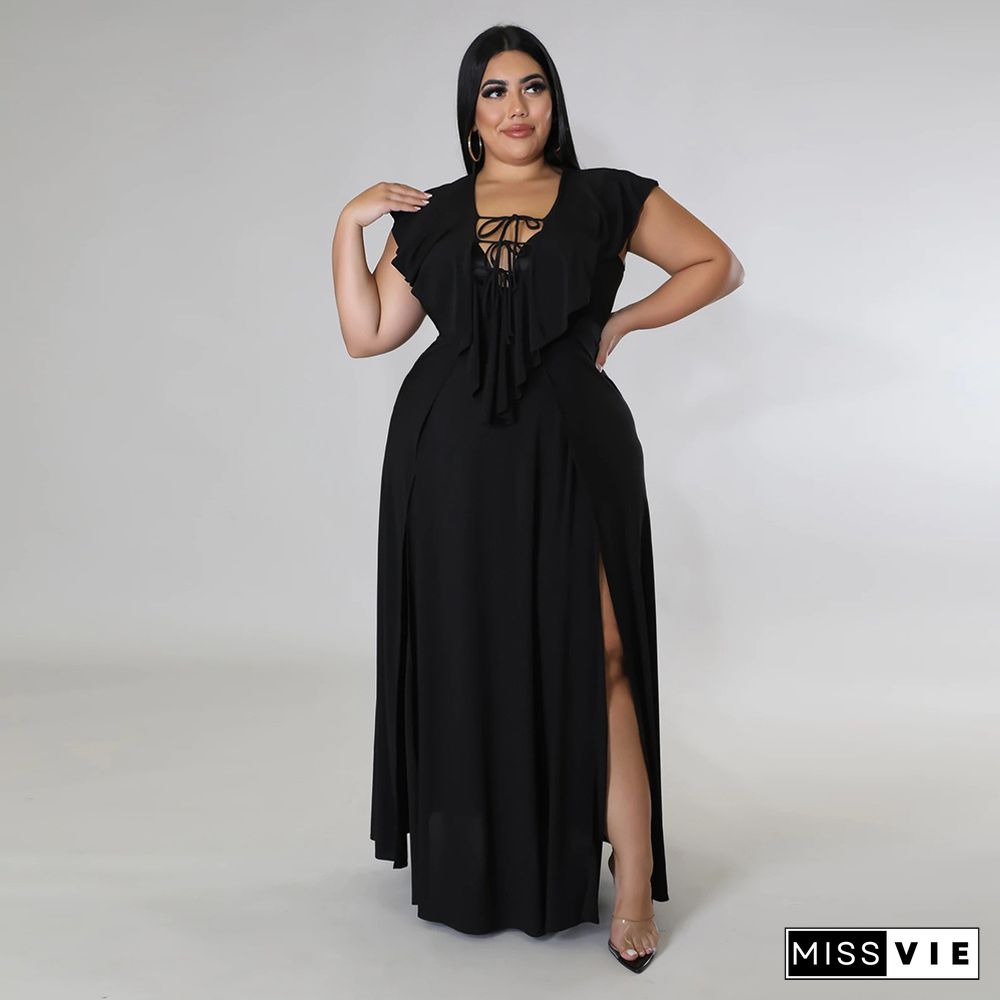 V Neck Sleeveless High Split Plus Size Dresses