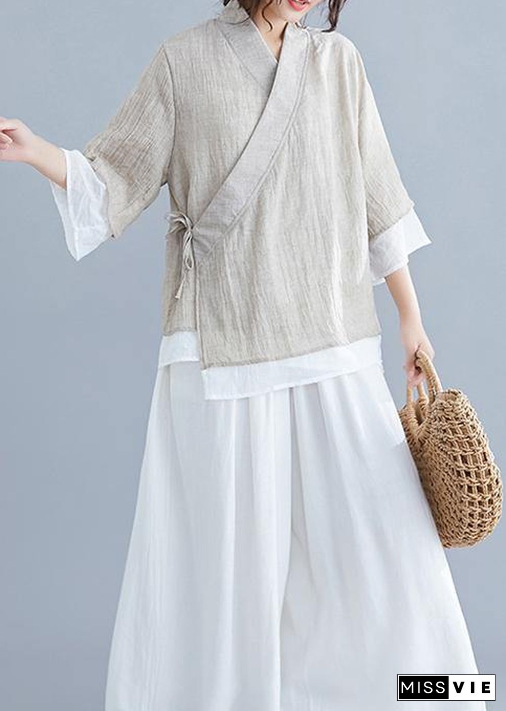 diy v neck half sleeve cotton linen clothes For Women nude blouses summer