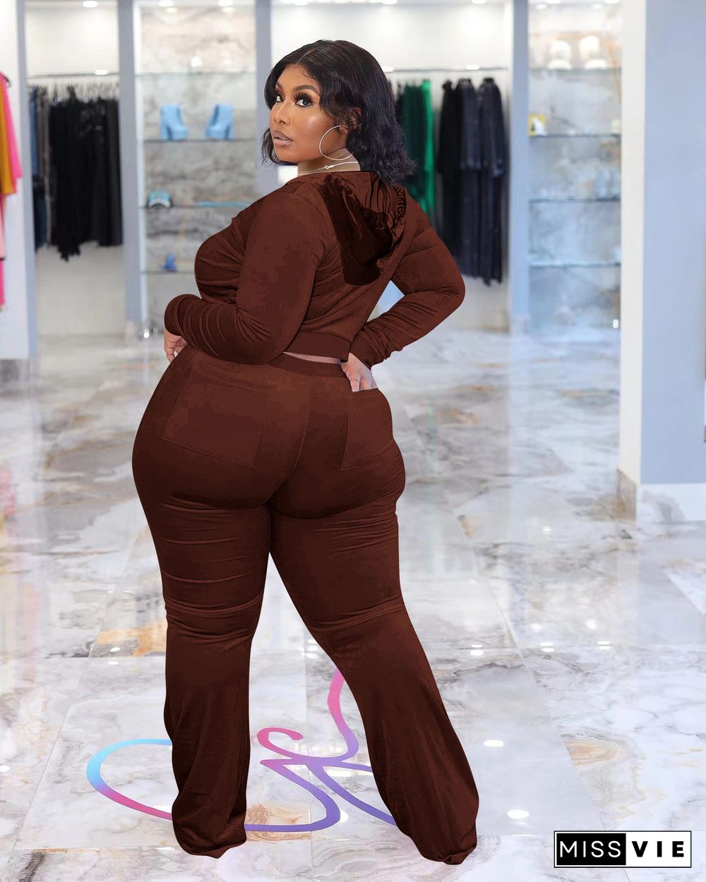 Plus Size Velvet Hooded Jacket Wide Leg Pants Suit