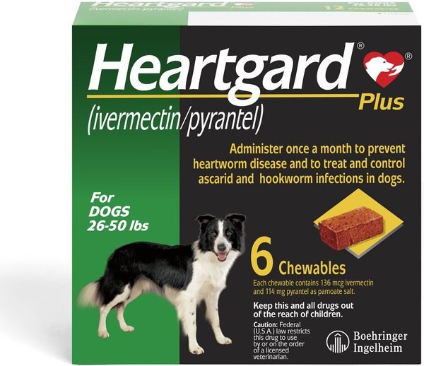 Heartgard Plus Chew for Dogs， 26-50 lbs， (Green Box)