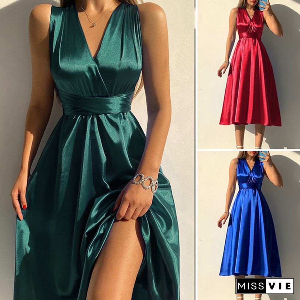 Womens Satin Silk Sexy Long Dress Sleeveless V Neck Blackless Party Elegant Casual Midi Dresses Plus Size