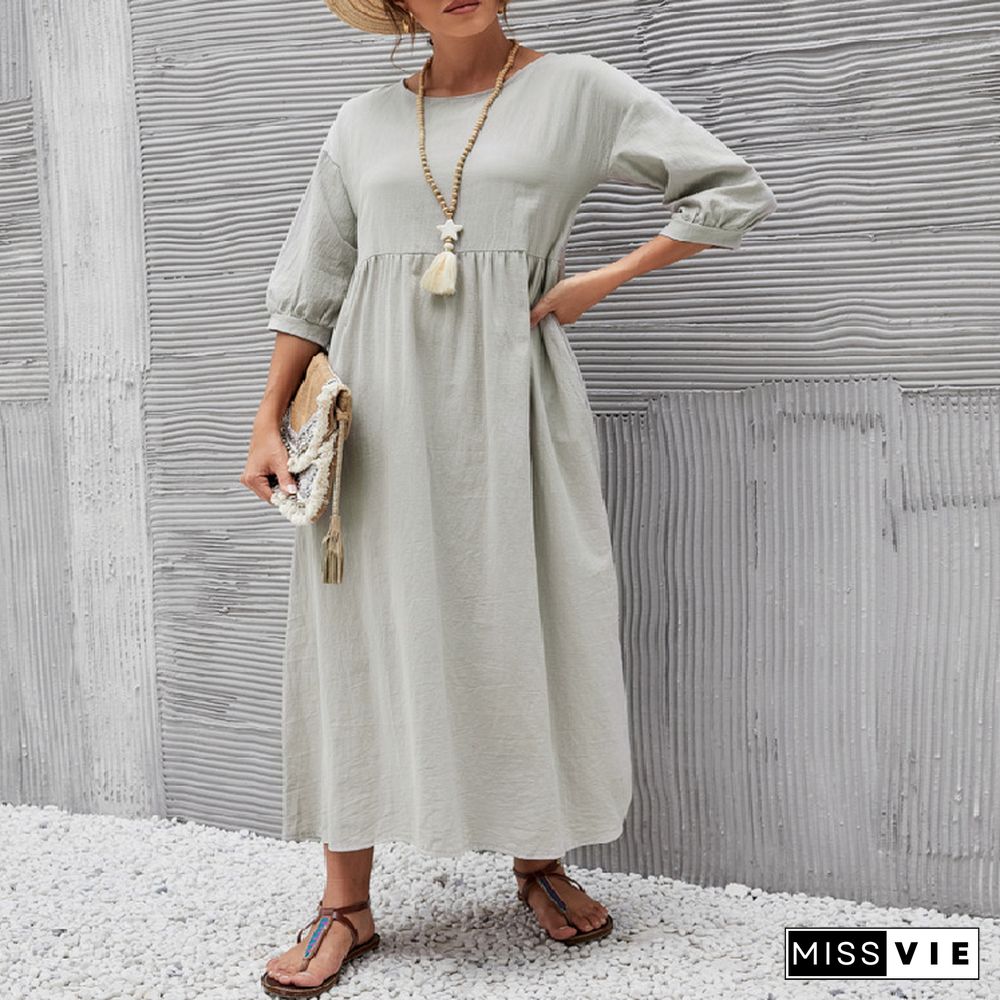 Fashion Lantern Sleeve Loose Cotton And Linen Pocket Dress