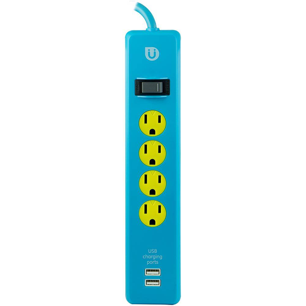 Uber 4 ft. 4-Outlet and 2 2.1 Amp USB Port Power Strip Blue 25117