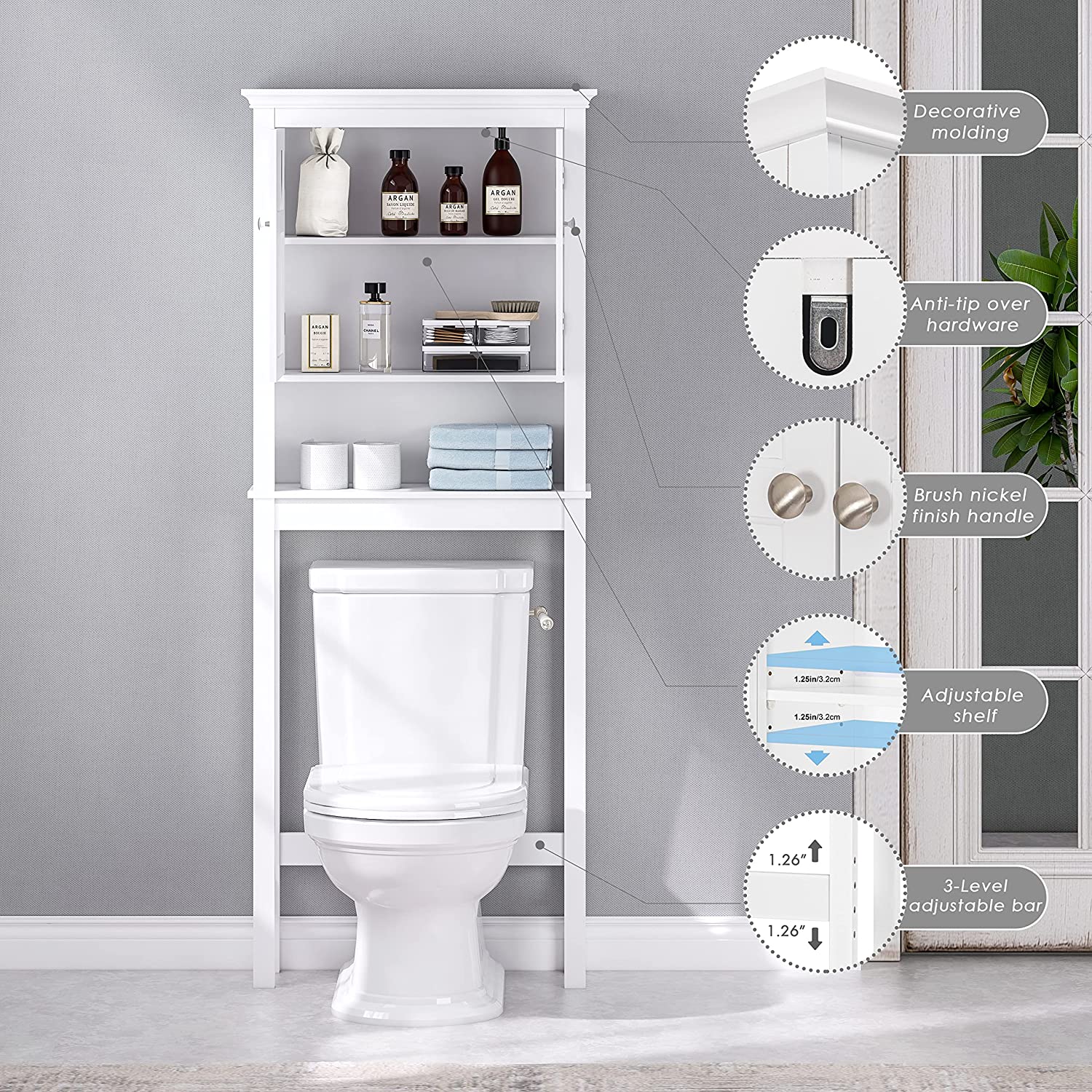 UTEX Bathroom Storage Over The Toilet, Bathroom Cabinet Organizer with Adjustable Shelves, Bathroom Space Saver for Bathroom, White