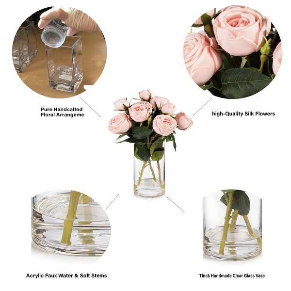 Enova Home Artificial Silk Rose Flowers in Clear Glass Vase with Faux Water for Home Office Wedding Decoration