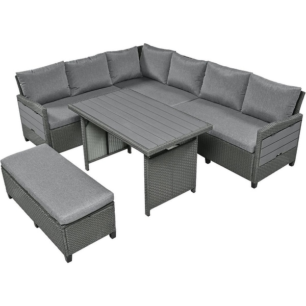 5 PCS L Shape Outdoor Patio Furniture，Rattan Sofa Set with Dining Table