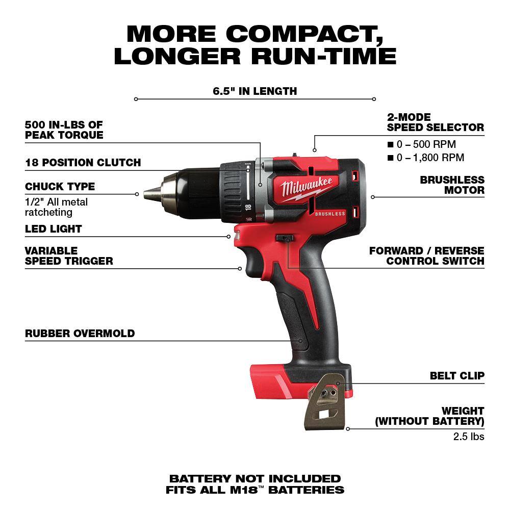 MW M18 18V Lithium-Ion Brushless Cordless 12 in. Compact DrillDriver (Tool-Only) 2801-20