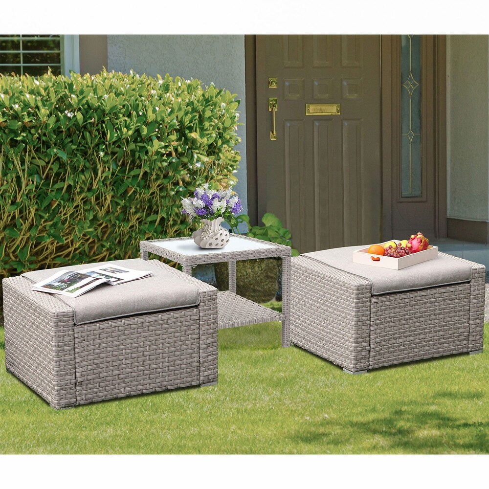 COSIEST Wicker Outdoor Ottomans with Side Table   Set of 2