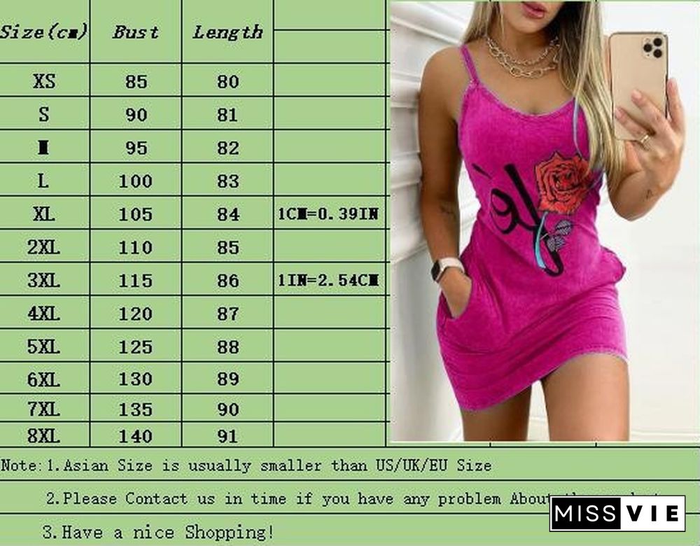 New Summer Women's Fashion Casual Sleeveless Floral Prited Halter Dress With Pockets Sexy V-Neck Party Club Mini Tank Top Dresses Ladies Plus Size Cami Dress