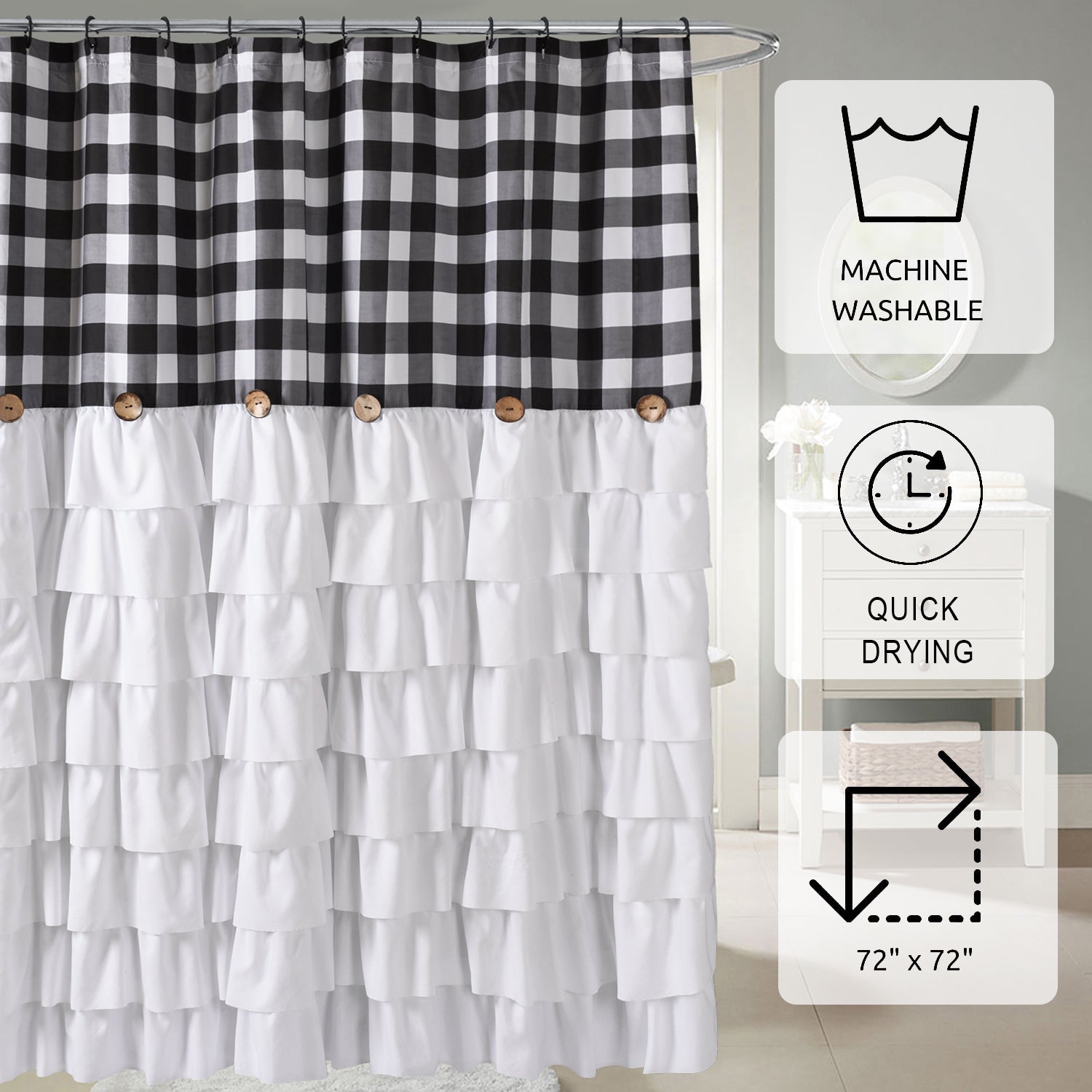 Chic Ruffled Shower Curtain with Black and White Buffalo Plaid, Boho Microfiber Bathtub Curtain with Natural Coconut Buttons, 72 x 72