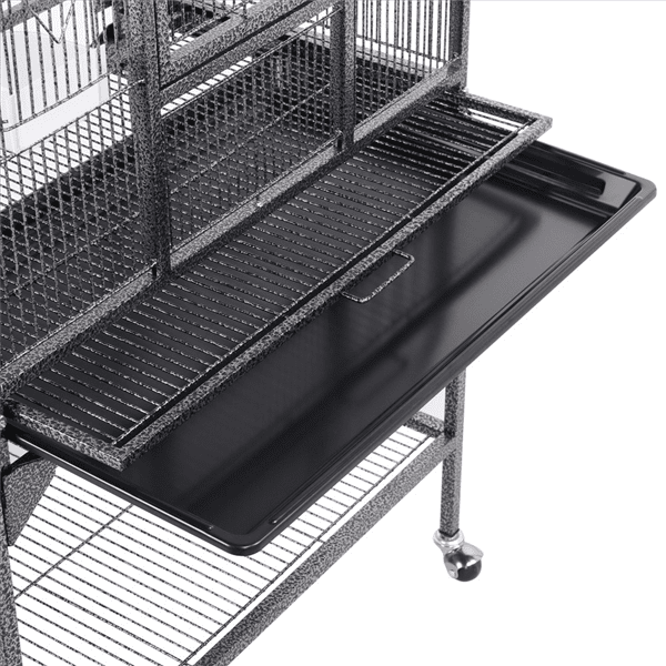 53.7''andnbsp;Metal Rolling Bird Cage with Stand， 4 Feeding Bowls， and 2 Perches， Black